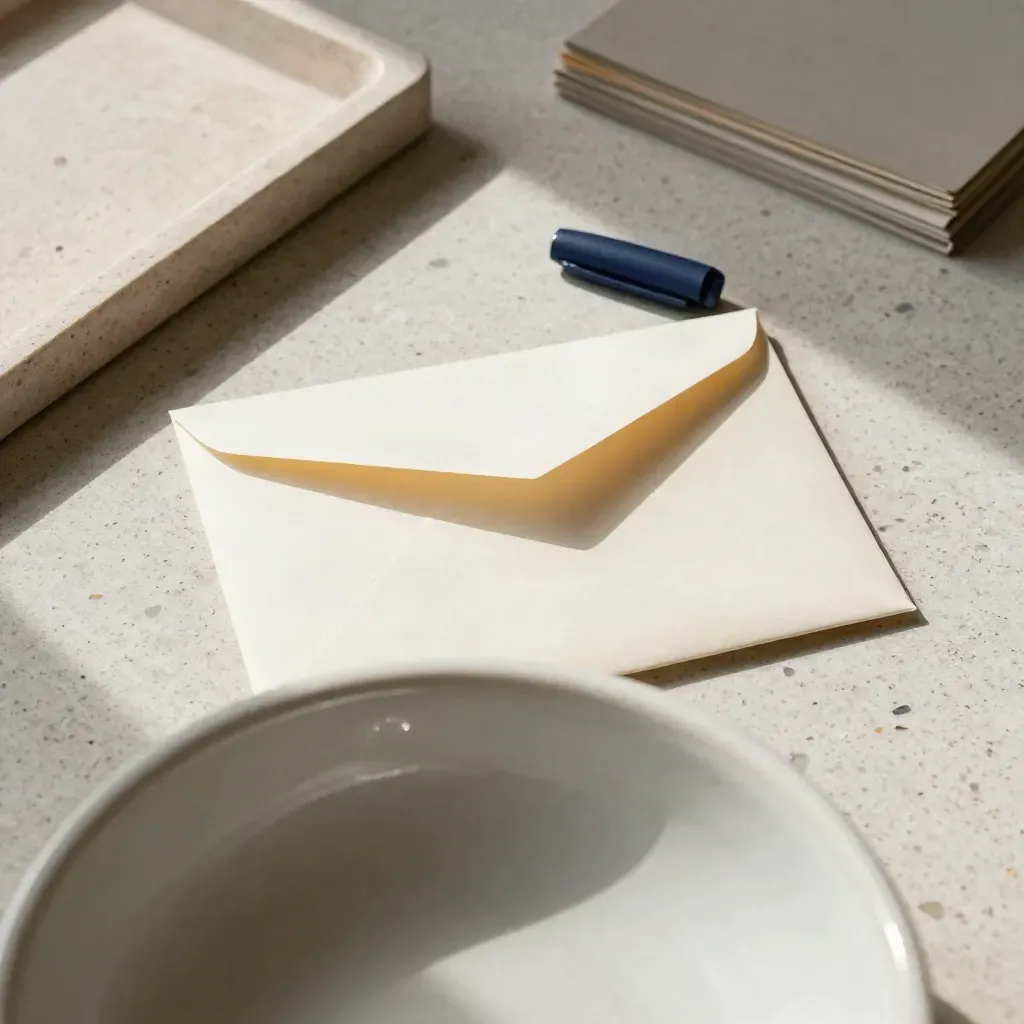 Bollettino e busta di pagamento su vassoio in pietra, con portacarte in ceramica e cappuccio penna.