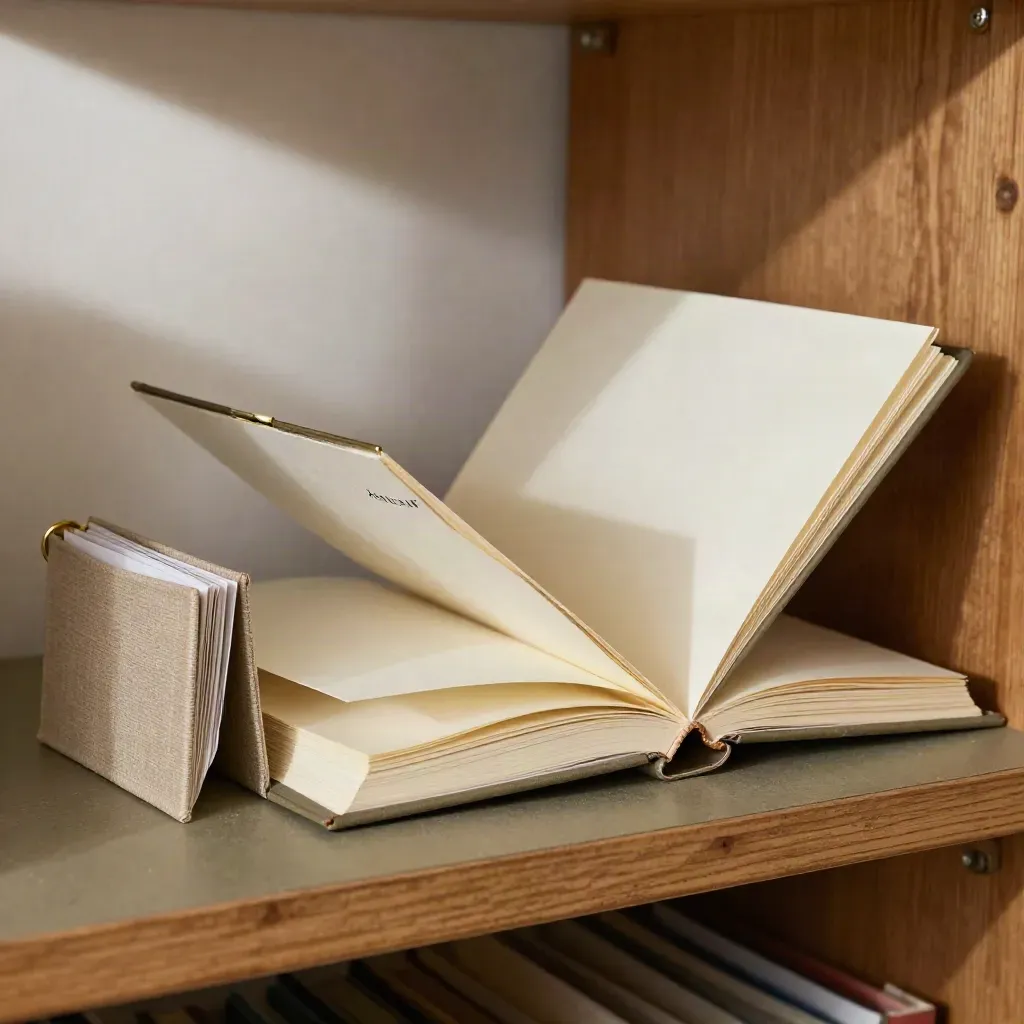 Libretto di guide fiscali chiuso con clip in ottone su scaffale, luce radente e polvere.